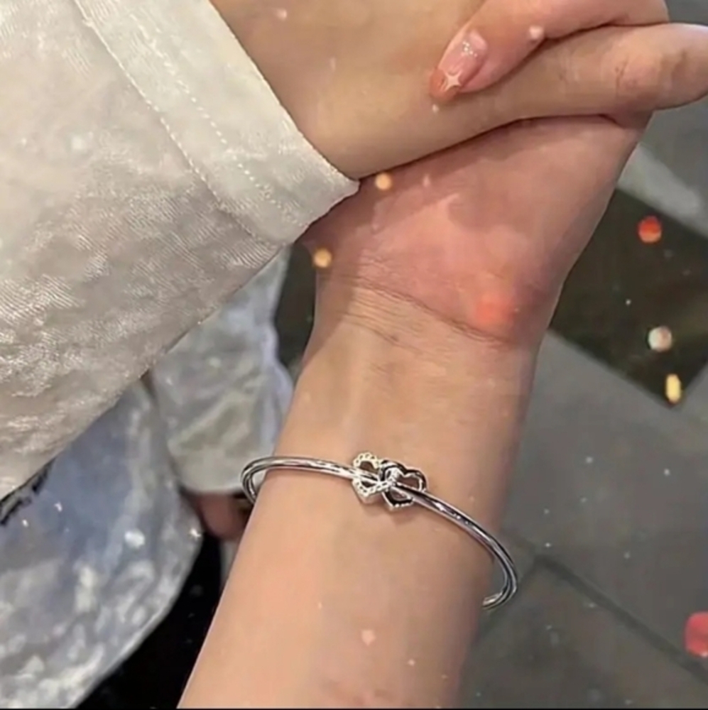 Women's Double Heart Love Knot Adjustable‎ Silver Tone Bangle Cuff Bracelet